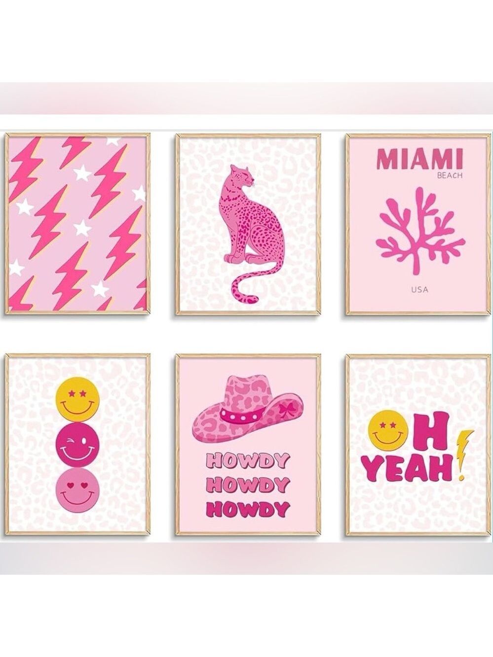 6 Pc Pink Aesthetic Wall Art Set 11x14 - Cowgirl, Leopard, Smiley Canvas Prints - Picture 2 of 4